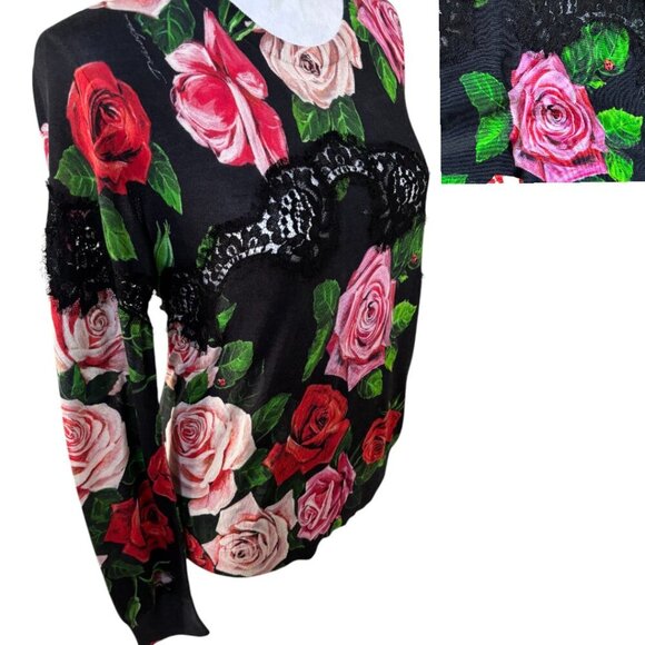 AUTHENTIC DOLCE & GABBANA SILK BLACK LACE ROSES KNIT TOP M/L $1,512 - Picture 5 of 9